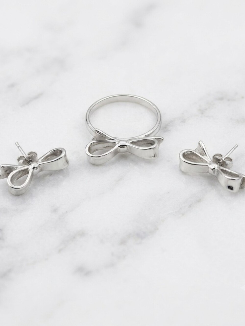 Kate Spade Bow Set Ring Earrings Silver Statement Jewelry Size 8 EUC